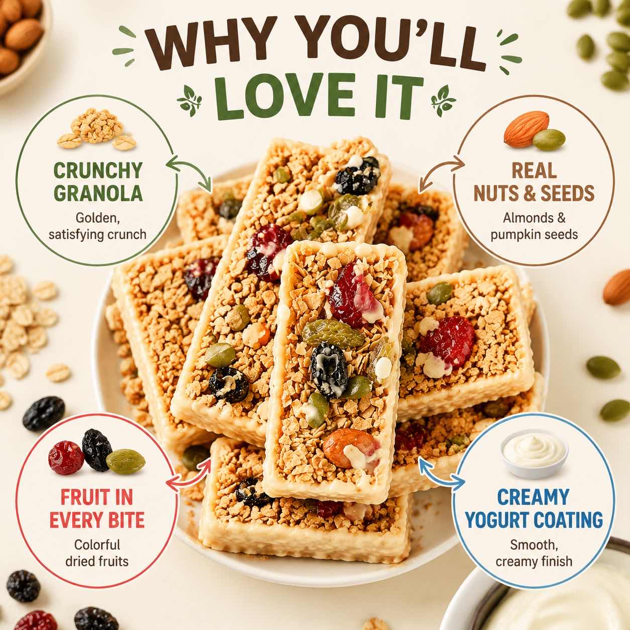 Global ingredients for yogurt nut granola bites