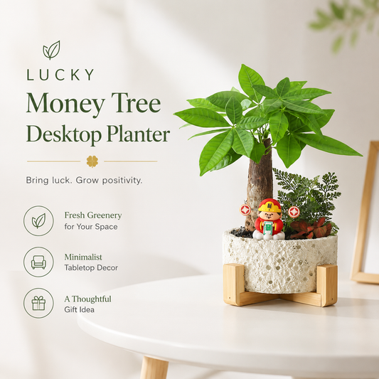 Lucky Money Tree Desktop Planter with Decorative Wooden Stand